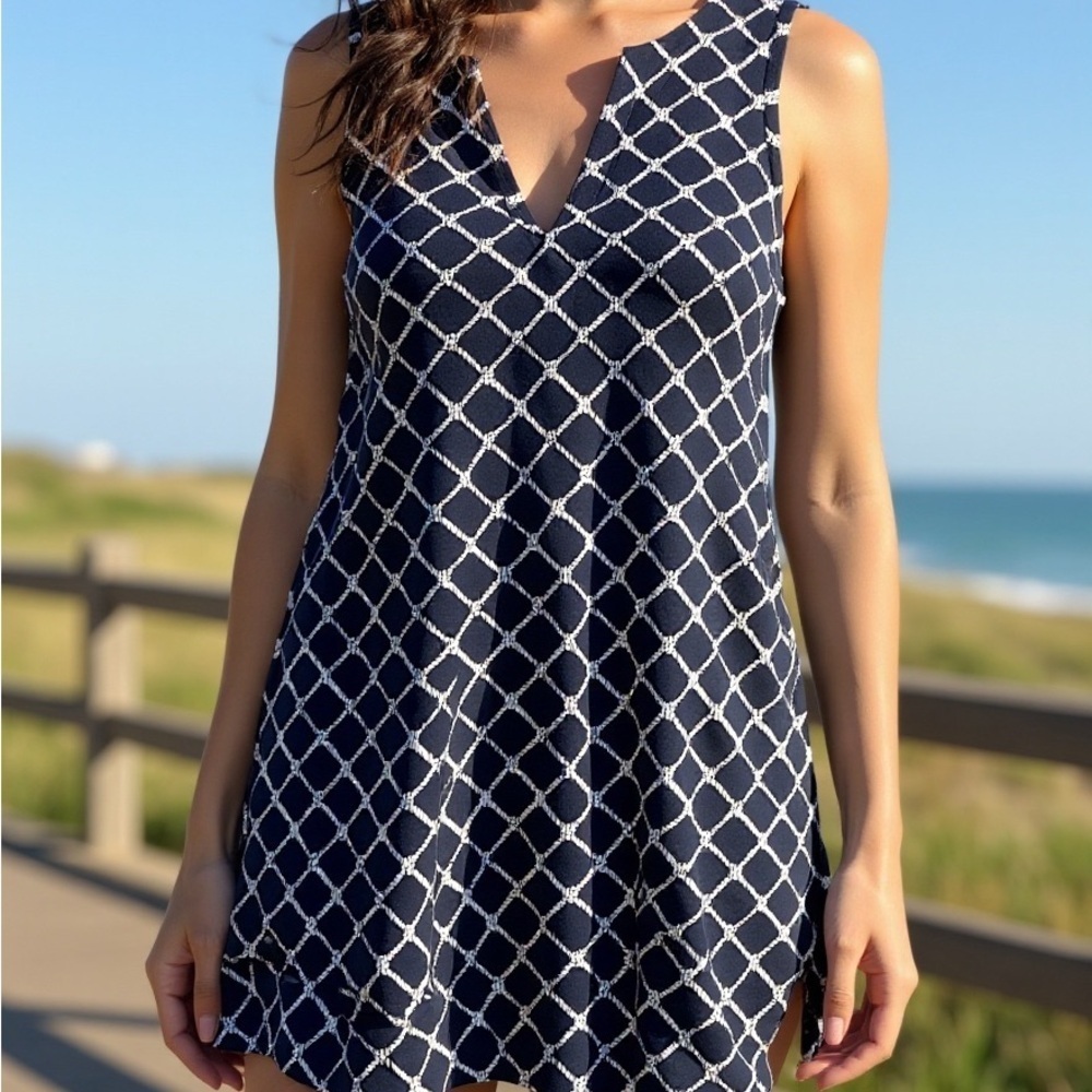 Lands' End Navy and White Diamond Pattern Swim Coverup
